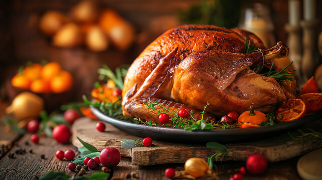 Roasted Thanksgiving turkey with autumn fruits and herbs - Powered by Adobe
