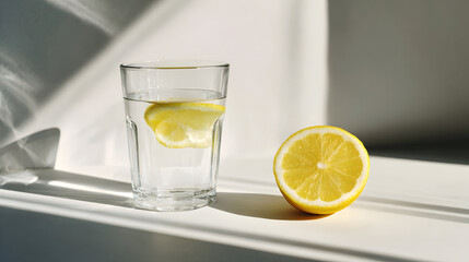 Refreshing lemon water still life with bright sunlight creating sharp shadows on a white surface portraying simple health and wellness focusing on a minimalist design concept