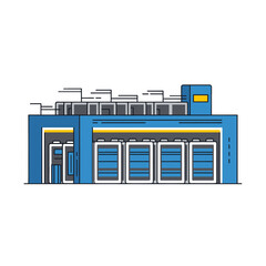 Blue Industrial Warehouse Building with Flat Vector Design Featuring Loading Docks and Geometric Accents on a White Background