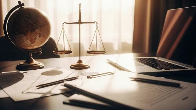 A desk with a globe, scales of justice, a laptop, and documents in a brightly lit office space