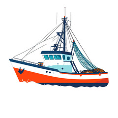 Fototapeta premium Orange Fishing Boat with Blue and White Accents at Sea Maritime Vessel for Commercial Fishing and Seafood Industry Under Bright Sky
