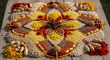 A vibrant assortment of culinary spices, legumes, and seeds arranged in a beautiful mandala design