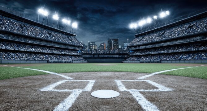 Baseball stadium at night, full of fans