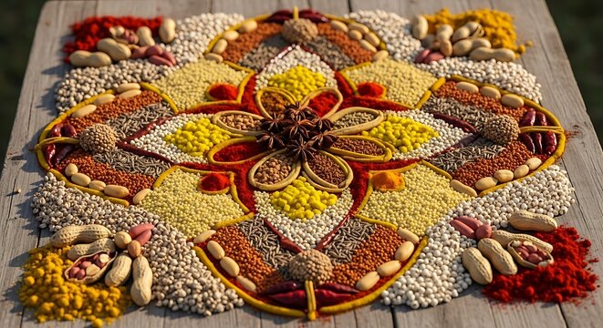 A vibrant assortment of culinary spices, legumes, and seeds arranged in a beautiful mandala design