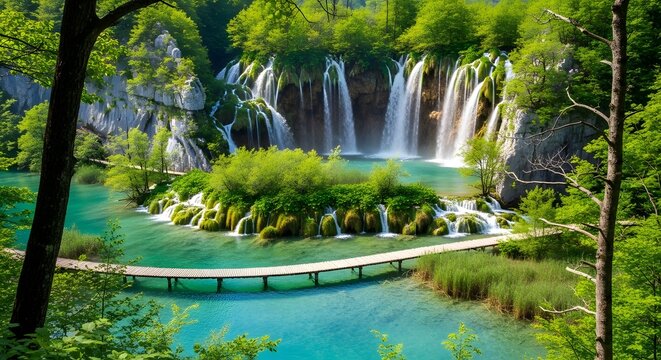 Photo of lush green forest with cascading waterfalls and a wooden bridge over turquoise water