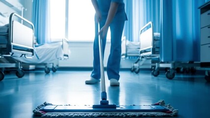 Nurse cleaning hospital floor with mop, worker in uniform, medical equipment, healthcare hygiene, sanitation service, blue and white sterile room, clinic ward