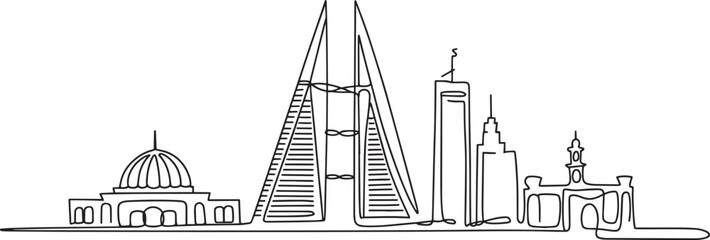 Bahrain Skyline Continuous Line Drawing Vector Illustration. Manama Cityscape Silhouette Outline