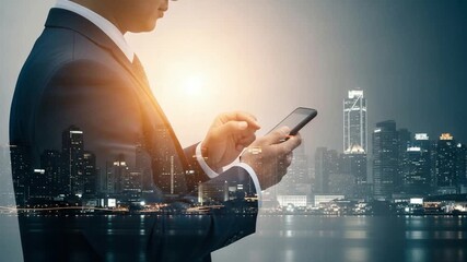 Man in suit uses smartphone with city skyline overlay in a modern business setting at night - Powered by Adobe