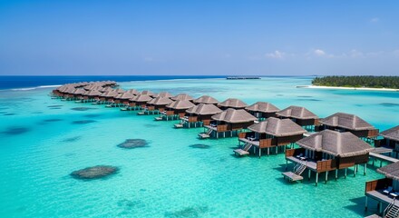 Photo of luxurious overwater bungalows in a tropical paradise with crystal clear turquoise ocean water