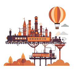 Fototapeta premium Pixel Art Fantasy Cityscape with Train and Hot Air Balloon on White Background Detailed Pixelated Landscape