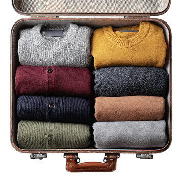 Open suitcase with clothes neatly arranged - isolated white background --s 250