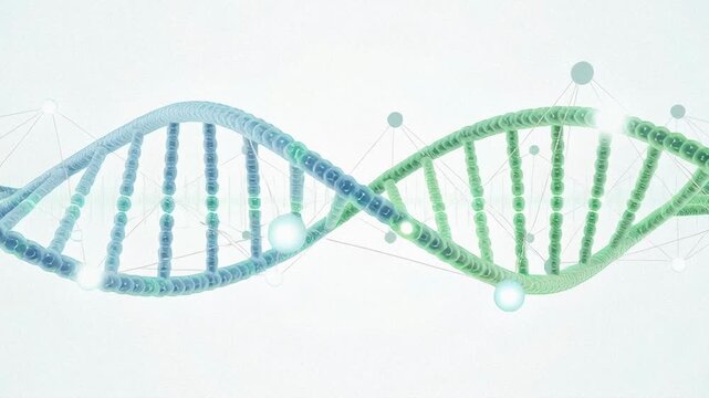 DNA double helix with glowing red mutable points. Genetic mutation analysis, gene expression, and molecular biology research animation.