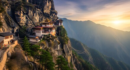 Photo of iconic tigers nest monastery perched precariously on a sheer cliff face in bhutan at sunset