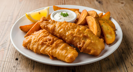 A classic and comforting plate of golden-brown Fish and Chips, featuring two pieces of crispy battered cod, a side of thick-cut potato wedges, and a small bowl of creamy tartar sauce