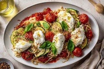 Oval platter of pasta with roasted zucchini, cherry tomatoes, and fresh mozzarella