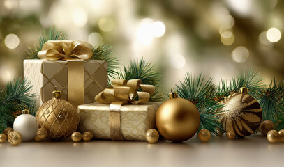 Christmas gifts in a golden paper with bubbles