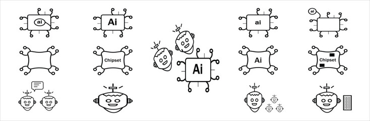 A versatile collection of black line-art icons on a white background, including various AI chips, microprocessors, robot heads, and control panels. Perfect for a wide range of technology, science.