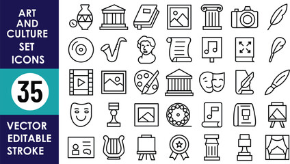 This image shows 35 vector icons symbolizing art and culture, including theater masks, painting palette, books,  music notes, statues, camera, and heritage symbols
