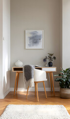 Elegant workspace decor with a minimalist desk framed print and potted plant creating an inviting home office interior design for productivity and serene ambiance showcasing