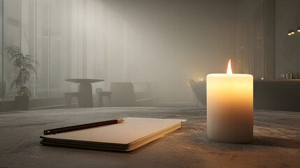 Warm candlelight illuminating a notebook and pencil in a cozy interior scene enhancing focus and creativity for writing and inspiration showcasing a moody calm atmosphere in