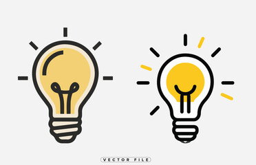 Two cartoon light bulbs one glowing and one not on white background