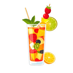 Vibrant Fruit Cocktail in Tall Glass with Mint Straw and Citrus Slices on White Background a Refreshing Beverage Art Illustration