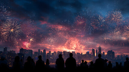 Spectacular city skyline fireworks display illuminating the night sky with vibrant colors as crowds watch the grand celebration on new year or independence day event