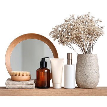 Shelf with skincare and mirror flatlay - isolated white background 