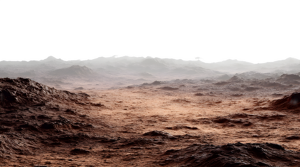 Surface of Mars with rocky soil, dust storms in the distance, isolated on transparent background