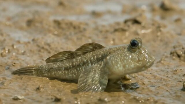 Mudskipper fish resting on sandy ground in nature.
Close-up of a mudskipper fish lying on sandy soil, showcasing its unique amphibious lifestyle in coastal habitat.
