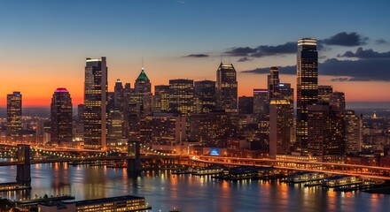 Fototapeta premium Photo of new york city skyline at dusk with illuminated buildings and bridges reflecting on the water