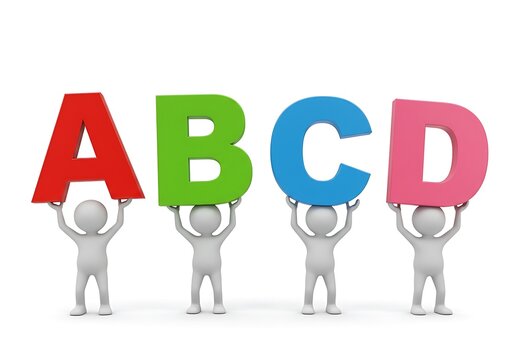 Four stick figures holding up large colorful letters abcd isolated on white background