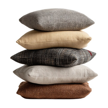 Stack of neutral-toned throw pillows - isolated white background 