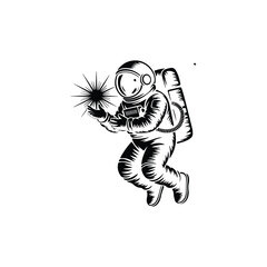 Astronaut holding shining planet vector illustration, cosmic space exploration futuristic galaxy adventure and surreal universe fantasy black white vector graphic design