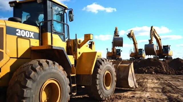 Closeup of a heavy construction equipment tire, showcasing the ruggedness and durability required for working on tough terrain in the building industry