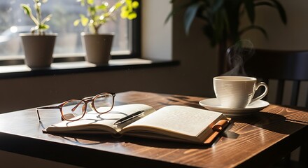 Cozy morning scene with coffee glasses and open notebook on wooden table sunlight shining through the window creating a peaceful atmosphere