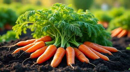 Fresh carrots with vibrant green tops lay harvested in the rich soil under sunlight