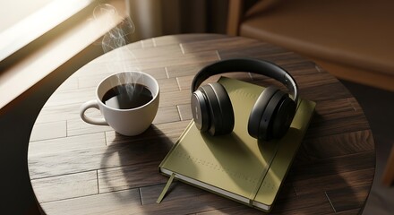Cozy Workspace Still Life with Hot Coffee and Wireless Headphones on a Wooden Table for Relaxation and Productivity