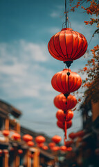 Vibrant hanging red lanterns illuminate a traditional oriental street in an immersive scene celebrating culture and beauty against a bright sky with autumn foliage and