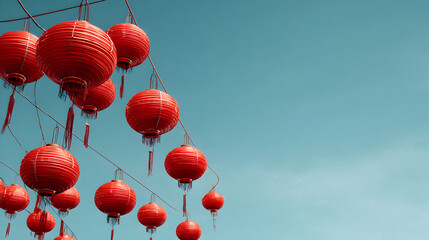 Vibrant red chinese lanterns swaying gently beneath a serene blue sky casting shadows adding a touch of festive elegance against the backdrop of minimalist design and rich