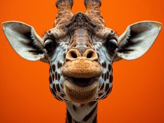 Fototapeta premium Giraffe's Surprised Expression on Orange Background