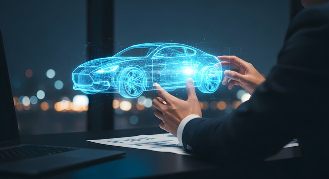 Businessperson interacts with a holographic car interface in a modern office environment with city lights outside the window