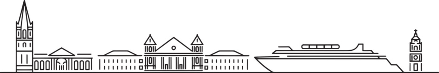 Detailed Outline of a Coastal City Skyline with Cruise Ship and Prominent Clock Tower Icon