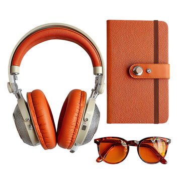 Travel essentials flatlay (headphones, journal, sunglasses) - isolated --s 250