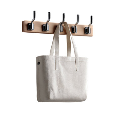 Wall-mounted coat hook with hanging tote - isolated white background --s 250