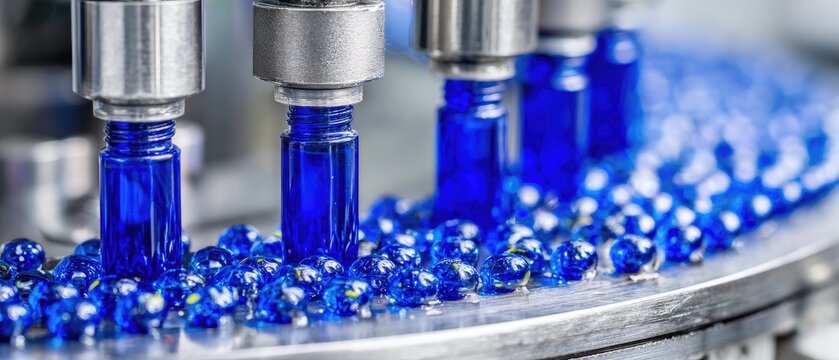 Automated bottling line with blue vials and small beads