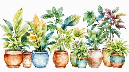 Fototapeta premium Watercolor Houseplant Collection - Tropical Potted Plants