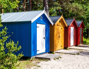 Colorful beach huts in a forest