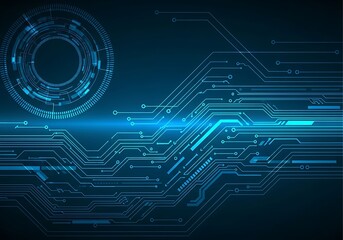 Abstract digital circuit board with glowing blue lines and futuristic geometric shapes against a dark technological background