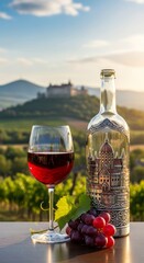 A glass of red wine and an ornate bottle sit on a table with a vineyard landscape and castle in the backdrop